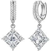 Sterling Silver Dangle Hoop Earrings for Women Cubic Zirconia Square Huggie Hoop Earrings with Cz Charm Bridal Wedding Sparkling Crystal Jewelry for Women Mother's Day Gifts for Mom Daughter