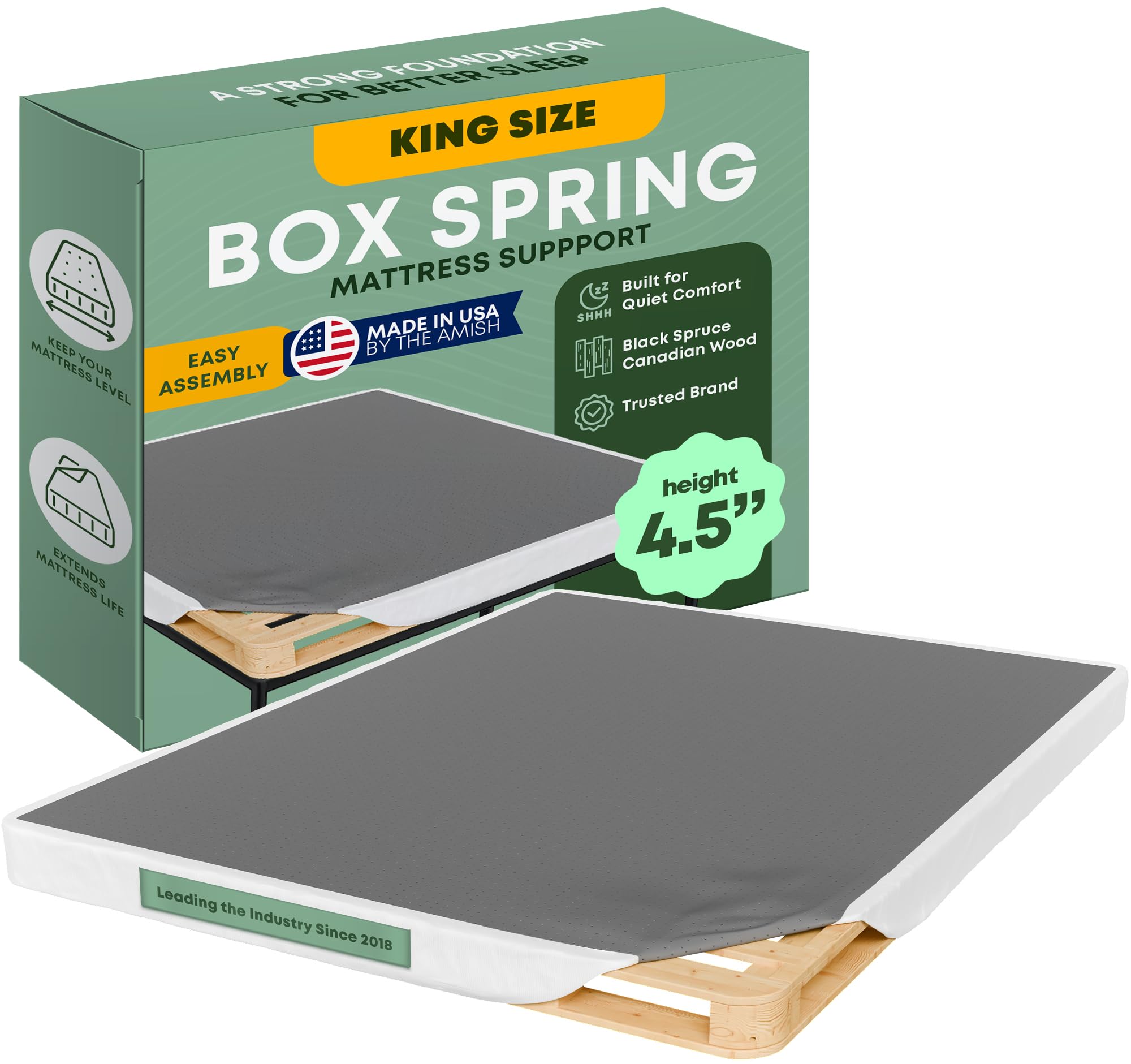 Photo 1 of ***It is used and it is not known if it works at 100%, therefore it cannot be returned.***Greaton, Unassembled King Box Spring for King Bed – 4.5-Inch Wood Box Spring Only, Amish Made in USA, Quiet Noise-Free Replacement Mattress Foundation, Packed Flat, 