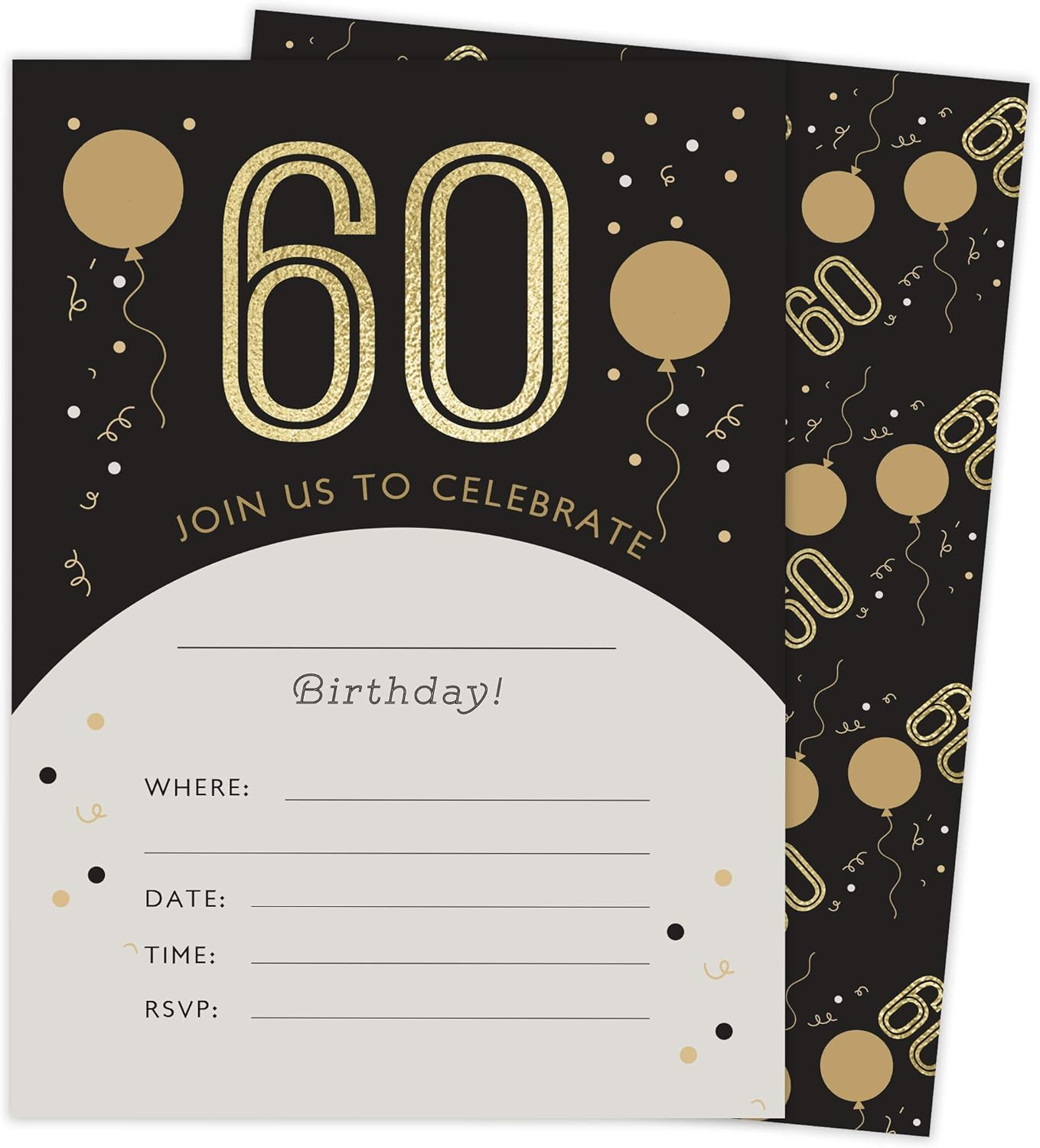 60th Birthday Style 4 Happy Birthday Invitations Invite Cards (25 Count) With Envelopes and Seal Stickers Vinyl Girls Boys Kids Party (25ct)