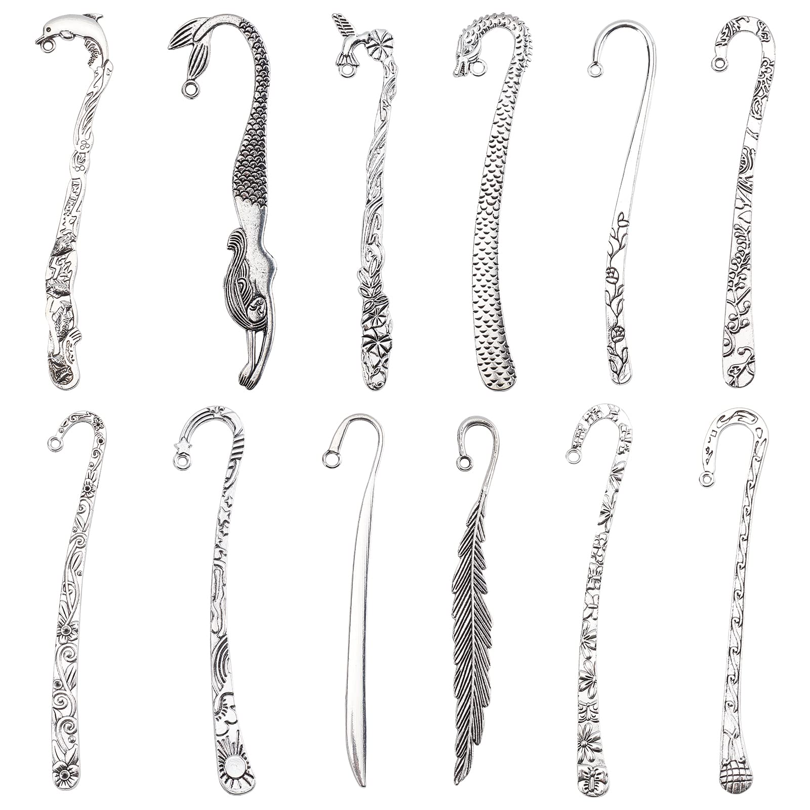 SUNNYCLUE 12Pcs 12 Styles Hook Bookmarks Findings Metal Bookmark Hairpin Stripe Hook Vintage Bookmark Clip for Crafting Jewelry Making Charms Findings Accessories, Silver