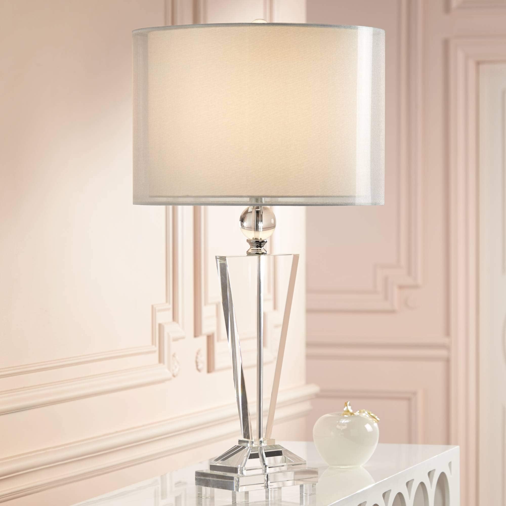 Vienna Full Spectrum Modern Glam Luxury Style Table Lamp 30.5" Tall Clear Crystal Trophy Double Sheer Silver White Drum Shade Decor for Living Room Bedroom House Bedside Nightstand Home Office