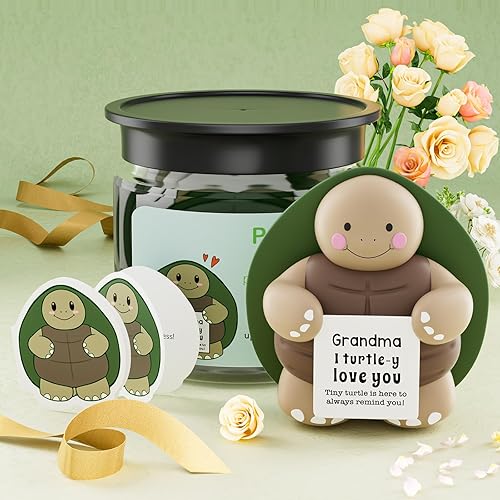 Wnsamodyy Emotional Support Turtle Grandma Affirmation Jar with 40 Affirmation Cards -Gifts for Grandma Set, Birthday Gifts for Grandmother, Inspiring Sea Turtle Gift & Cute Desk Decor
