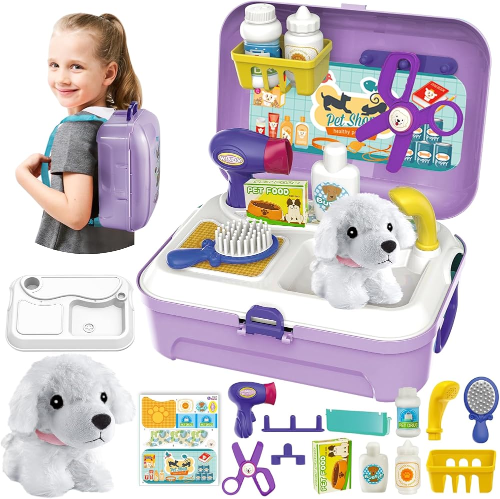 HERSITY Kids Vet Kit Dog Grooming Toy Playset 16 Pcs Carrier Backpack