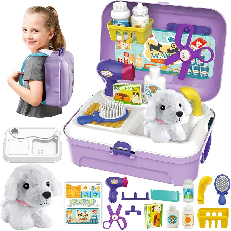 HERSITY Kids Vet Kit Dog Grooming Toy Playset 16 Pcs Carrier Backpack