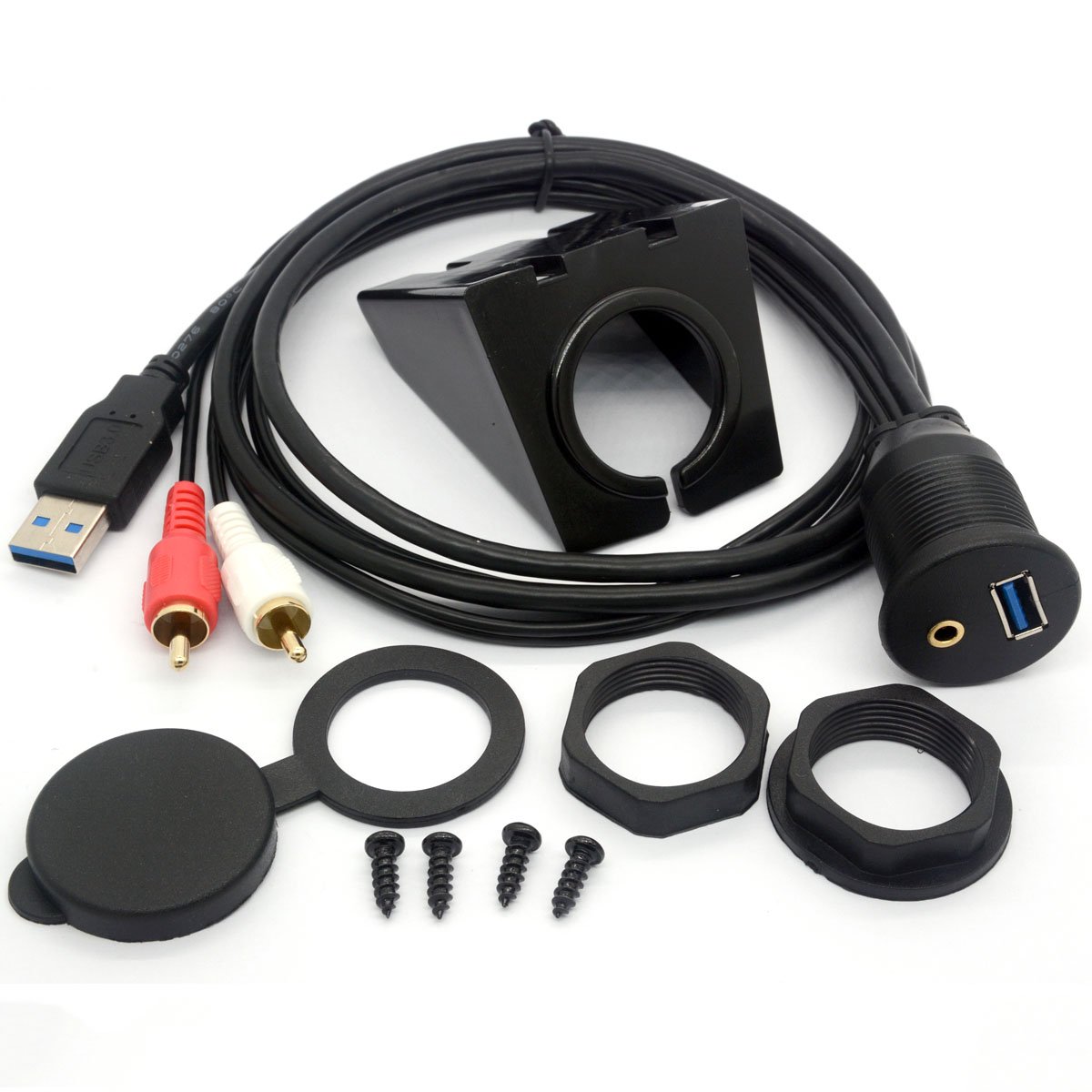 CentBest USB RCA Flush Mount Cable- USB 3.0 & 3.5mm AUX 2 RCA Male to USB and 1/8 Audio Stereo Female Dash Panel Mount Extension Code for Car Bike Boat Motor (1M USB 3.0 2RCA to USB & 3.5mm)