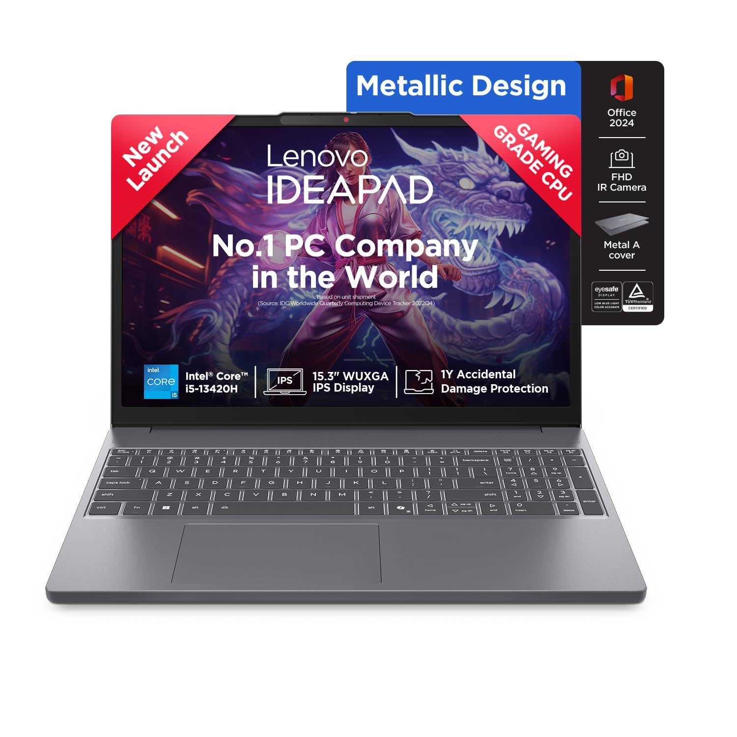 Lenovo IdeaPad Slim 3 13th Gen Intel Core i5-13420H 15.3"(38.8cm) WUXGA IPS Laptop(16GB RAM/512GB SSD/Win 11/Office Home 2024/Backlit/1Yr ADP Free/Top Metal Cover & IR Camera/Grey/1.6Kg), 83K100CGIN
