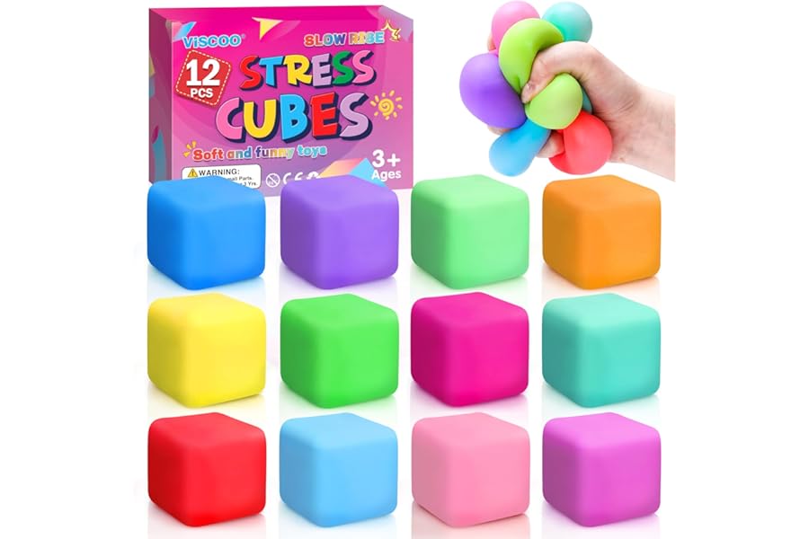 12 Pack Slow Rising Stress Cube, Dough Stress Balls Squishy Fidget Toys for Anxiety Relief, Soft Fidget Cube, Pull Stretch Squishy Toys for Classroom Prize, Party Favors for Kids Adults
