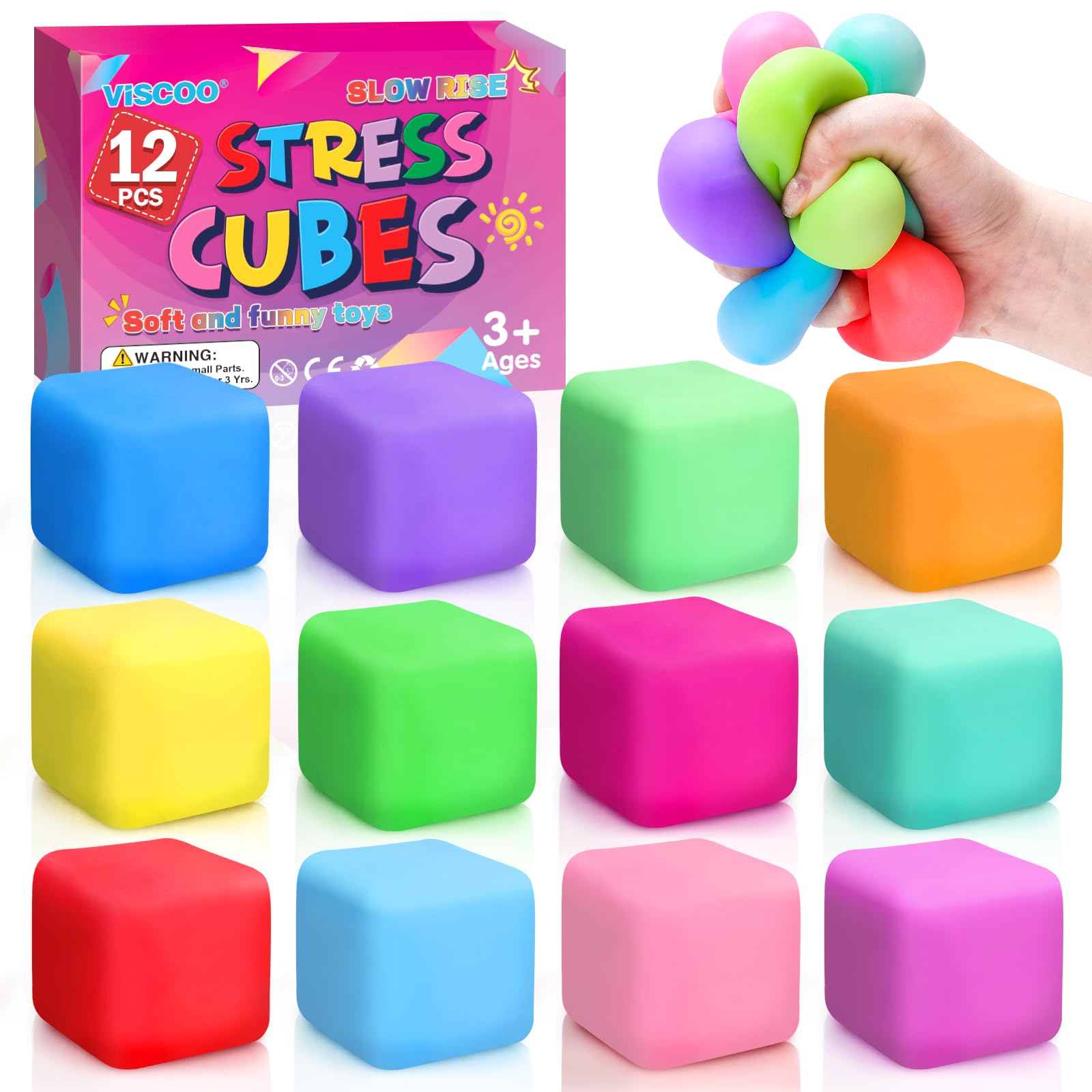 Photo 1 of 12 Pack Slow Rising Stress Cube, Dough Stress Balls Squishy Fidget Toys for Anxiety Relief, Soft Fidget Cube, Pull Stretch Squishy Toys for Classroom Prize, Party Favors for Kids Adults