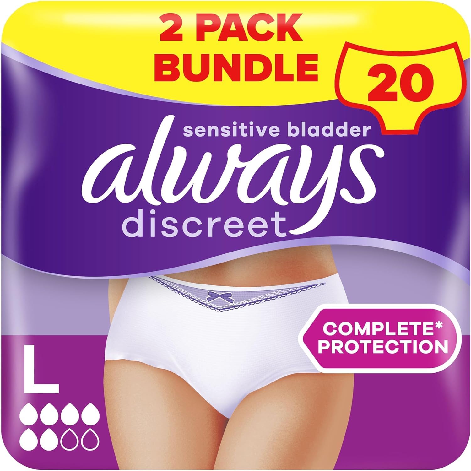 Always Discreet Incontinence Pants Women Large, L, UK 16-22, White, Absorbency 6, 20 Disposable Underwear Women / Knickers (10 x 2 Packs), Adult Diapers
