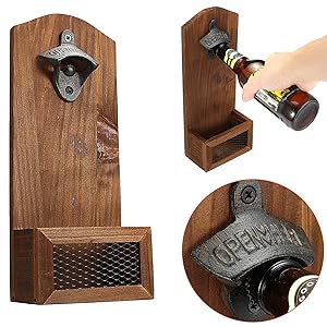Janolia Bottle Opener, Wooden Wall Mounted with Cap Catcher, Vintage Style, Gift for Father, Friends