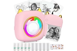 HUIJUKEJI Mini Sticker Printer Pocket Inkless Thermal Printer with RGB Light for iOS&Android, 10 Rolls Thermal Paper and Sticker, Bluetooth Smart Portable Receipt Printer for Photo Journal Notes Memo-Pink