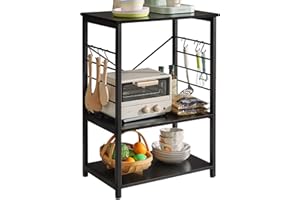 YMYNY Standing Baker's Racks, 3-Tier Microwave Oven Stand with Metal Frame and 6 Hooks, Coffee Bar Table, Storage Shelf Rack for Kitchen and Living Room, Panel Adjustable, Black, UHTMJ022B