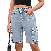 YEXPINE Women's Demin Cargo Shorts High Waisted Straight Leg Casual Jean Bermuda Shorts with Pockets