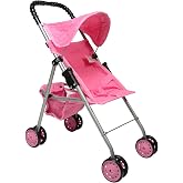 The New York Doll Collection My First Doll Stroller with Basket, Foldable Doll Stroller (Pink Quilted)