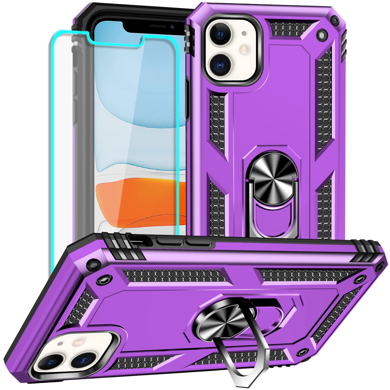Yiakeng for iPhone 11 Phone Case, iPhone 11 Case with Screen Protector, Military Grade Protective Phone Cover with Ring Holder Kickstand for iPhone 11 (Purple)