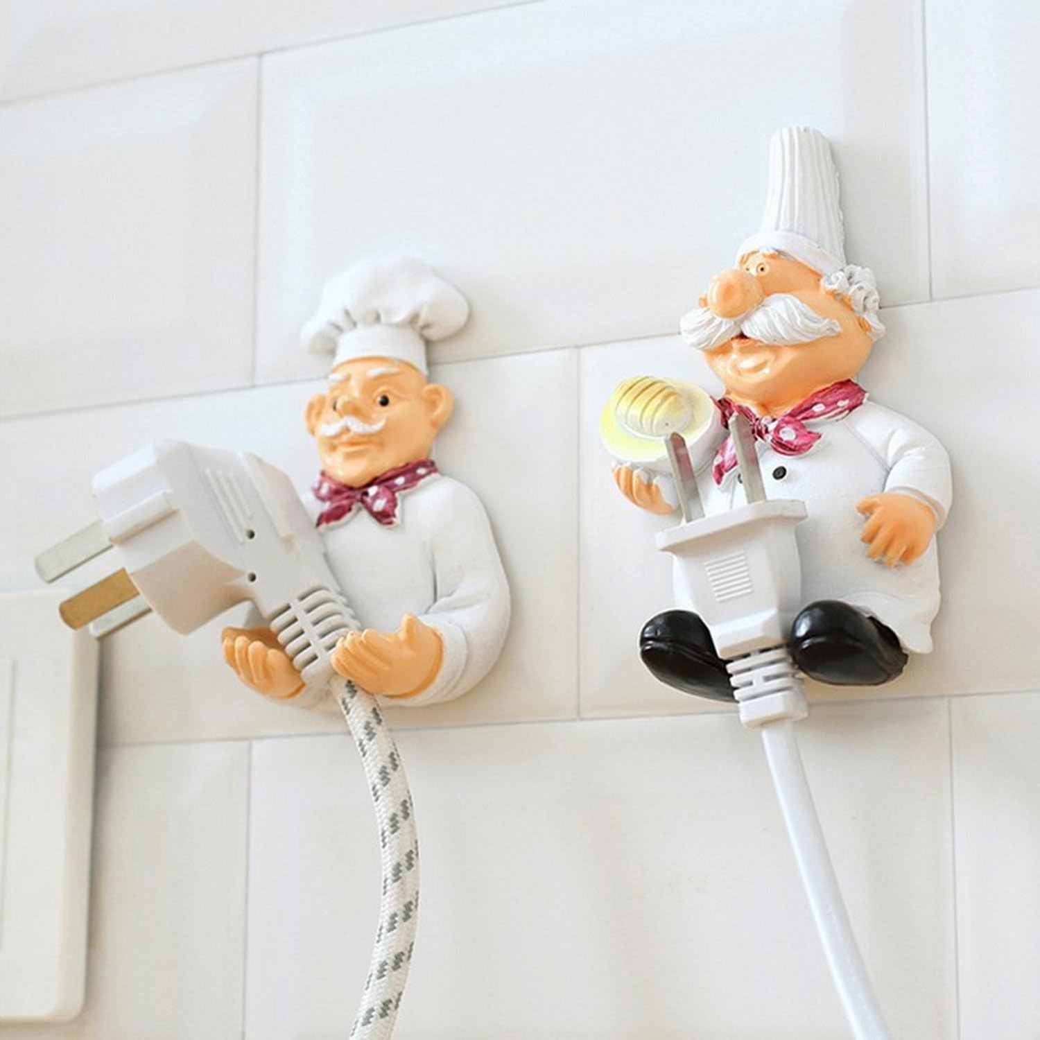 Pack of 2 Cute Power Plug Hook Hold Cook Fat Chef Wall Decor Organiser for Home, Kitchen, Garden, Garage Organizing