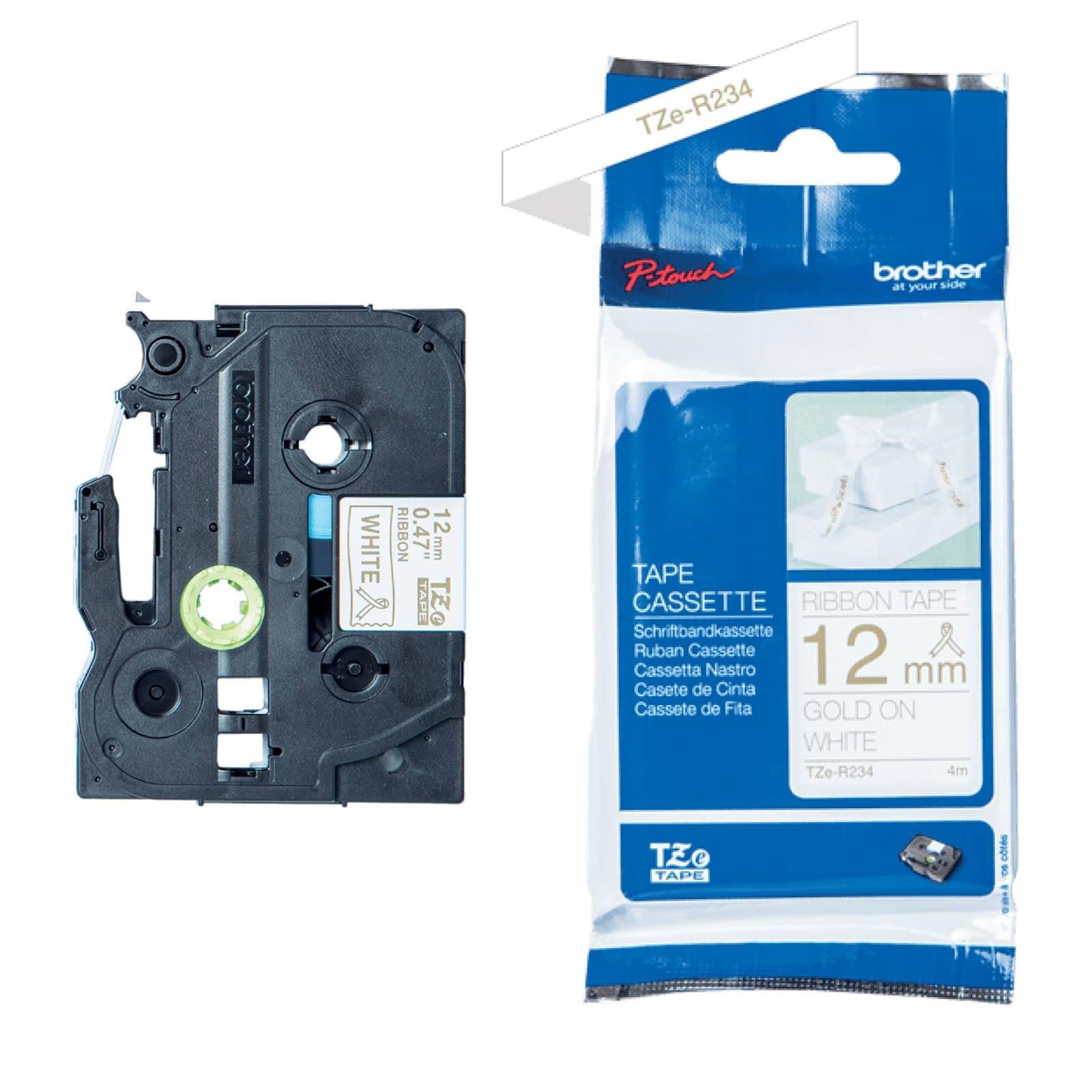 Brother TZe-RN34 Labelling Tape Cassette, Gold on White, 12 mm (W) x 4M (L), Ribbon Tape, Brother Genuine Supplies