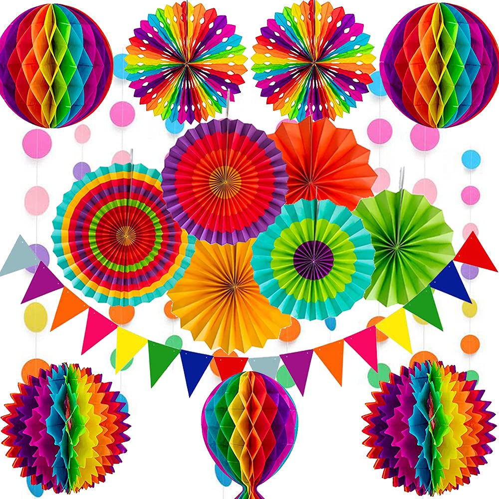 Cojoy Multicolor Party Decoration Set, Rainbow Color Paper Fans Honeycomb Paper Banner Pom Pom Flowers Polka Dot String for Birthday, Mother‘s Day,Wedding, Fiesta Party Decoration