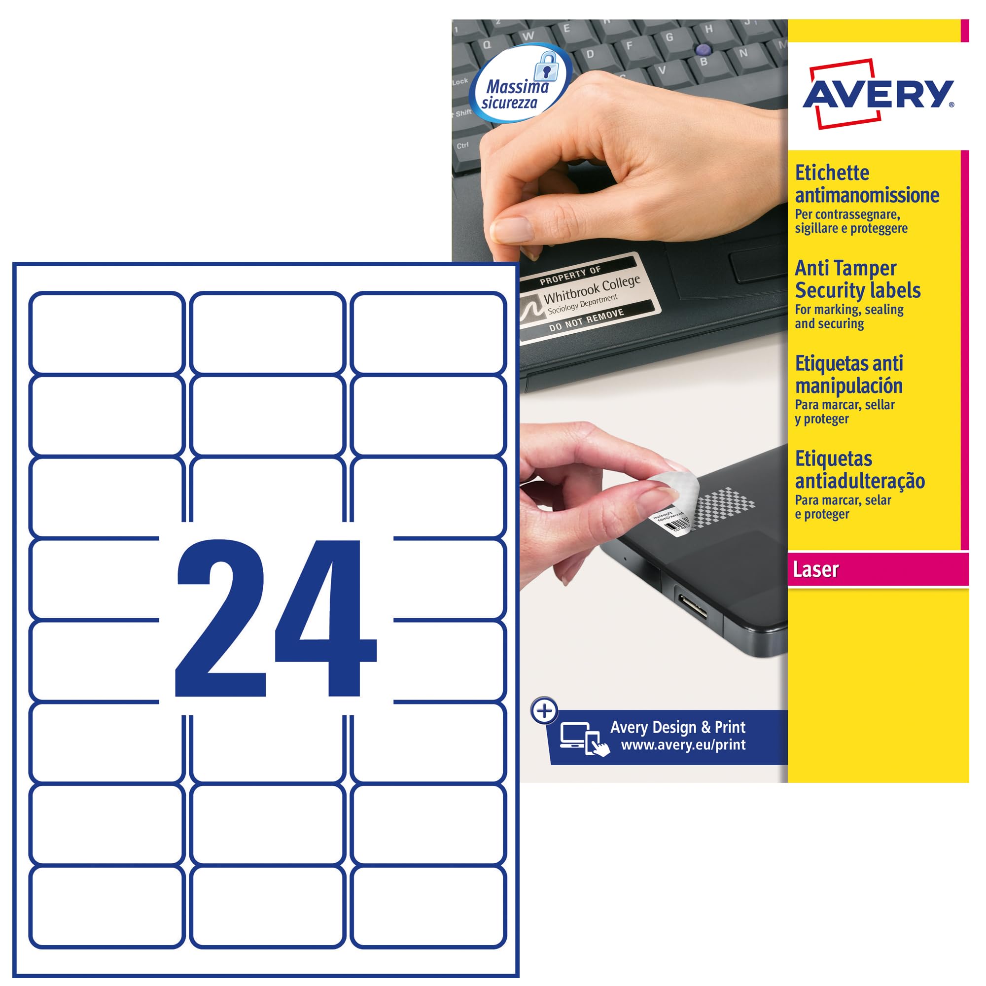 Avery L6146-20 Extra-Strong Adhesive NoPeel Permanent Labels, 24 Labels Per A4 Sheet, White, 63.5 x 33.9 mm