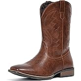 IUV Cowboy Boots For Men with Wide Square Toe Western Retro Boot Durable Classic Fashionable Embroidered Pull On Slip Resistant Boots