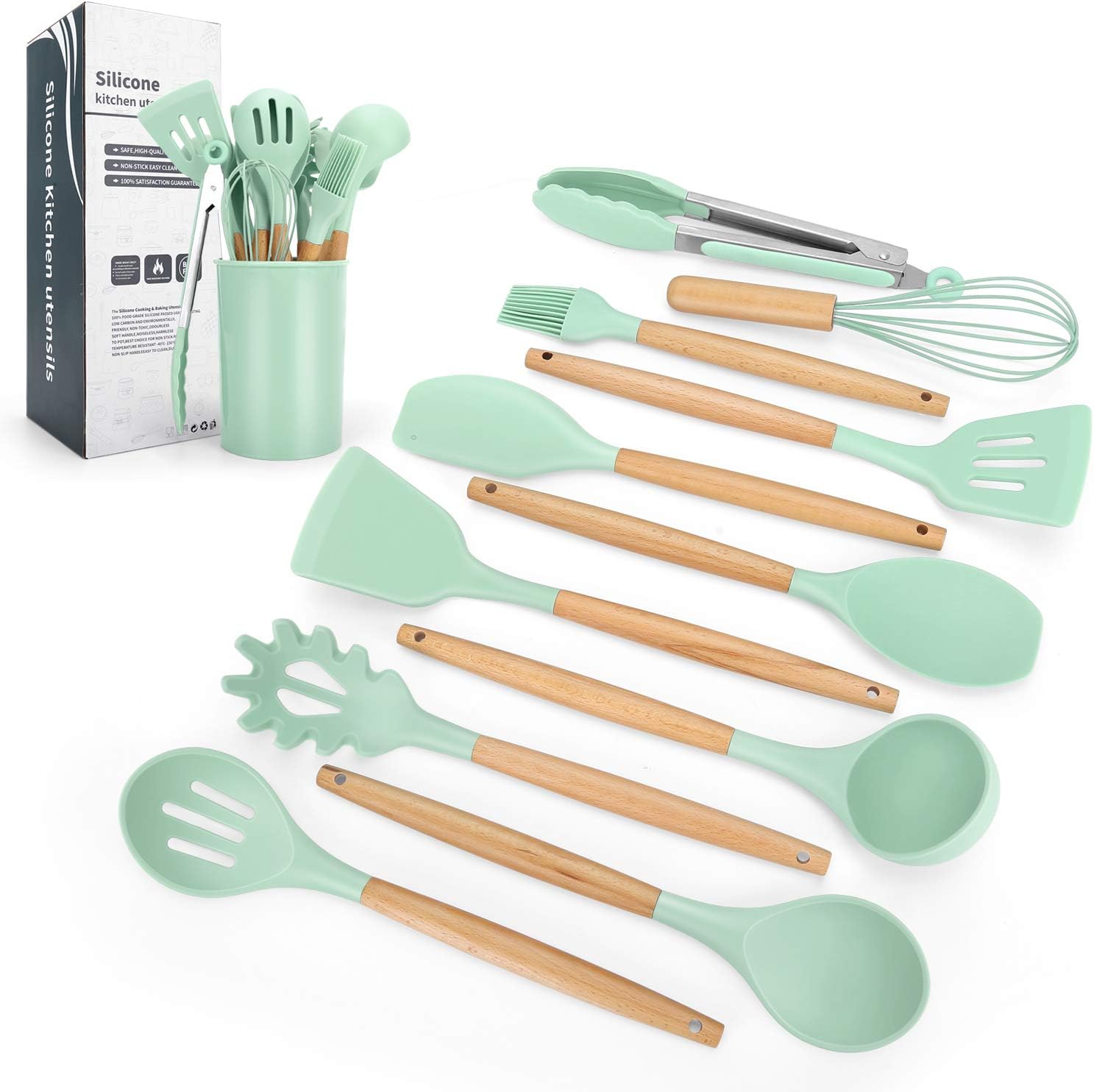 Amazon Com 12 Pcs Silicone Cooking Kitchen Utensils Set With Holder Wooden Handles Kitchen Gadgets Utensil Set For Nonstick Cookware Heat Resistant Cooking Utensils Bpa Free Spatula Set With Turner Tongs Spoon Kitchen