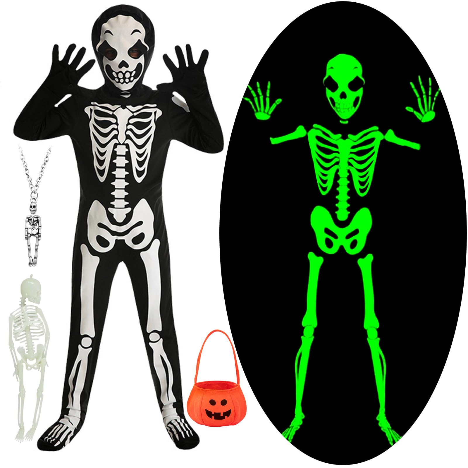 BITOWO Skeleton Costume Kids Boys Girls 8-9 Glow In The Dark with Light up Skull Figure Skeleton Glove Mask Pumpkin Bag Scary Halloween Costume Outfit Onesie Fancy Dress Kids Boys