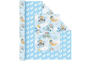 WERNNSAI Baby Wrapping Paper - 1 Roll Bear Wrapping Paper for Boy Baby Shower Wrap Paper Blue Bear Gift Wrap Reversible New B