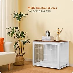 DWANTON Dog Crate Furniture with Cushion, Wooden