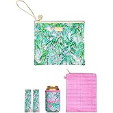 Lilly Pulitzer Water Resistant Vinyl Beach Day Pouch, Zipper Bag Includes Drink Hugger, Small Pouch, and Towel Clips