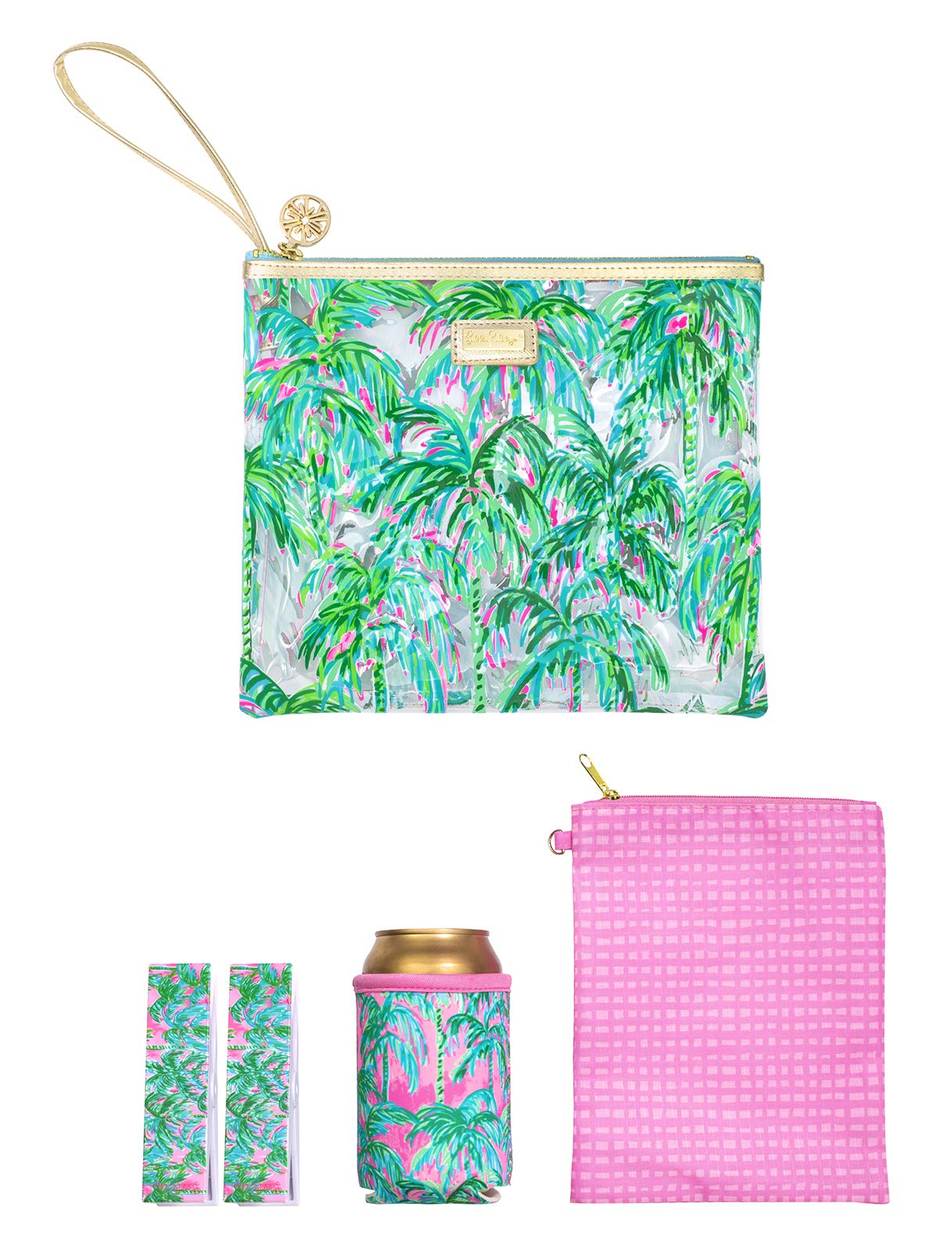Lilly Pulitzer Water Resistant Vinyl Beach Day Pouch - Includes Drink Hugger, Zip Pouch, and Towel Clips, Suite Views