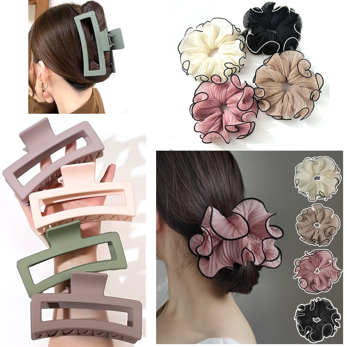 4 MEGA CLAW CLIPS & 4 CHIFFON SCRUNCHIES -HAIR TIES, Ponytail HAIR BOBBLES, Hair BANDS, 13cm CLAW CLIPS (4 MEGA Claws & 4 CHIFFON Scrunchies)