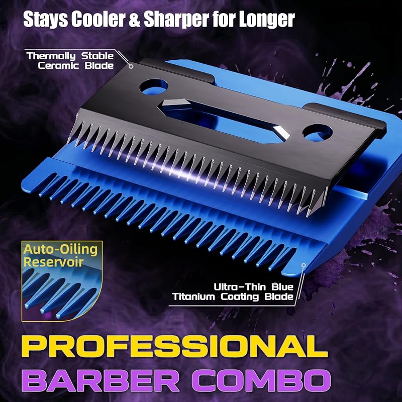 Profi-Haarschneideset für Herren – kabellos, mit Nullspalt-Trimmer, starkem Motor, titanbeschichteten Klingen und Ladestationen.