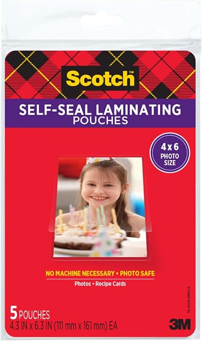 Scotch Self-Sealing Laminating Pouches Gloss 4 x 6 Inches PL900G 5 Pack