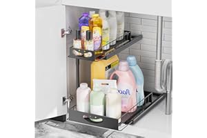 JAQ Under Sink Organizer, 2 Tier Metal Slide Out Under Cabinet Storage Shelves Rack for Kitchen Bathroom Pantry Lanudry, Attr