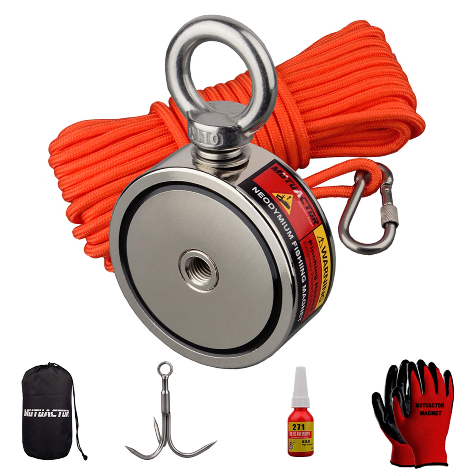 MUTUACTOR Fishing Magnet with Grappling Hooks，20m Rope & Glove,Double side combined 400kg Pulling Force Super Strong Neodymium Magnet with Carabiner for Magnet Fishing and Retrieving in River