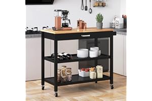 FINGERTIP WD Kitchen Island Carts on Wheels with Storage – Mobile Rolling Cart with Storage Drawer and Shelves, Kitchen Islands Table with Towel Rack, Rubberwood Top, for Kitchen and Dining Room, Black