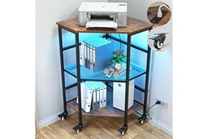 HAIOOU Corner Printer Stand Table with LED Lights & Charging Station, 3-Tier Small Corner Table with Wheel, Metal Frame Adjustable Storage Shelf Organizer for Space Saving Home Office Kitchen