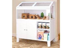 WENRENER Small Animal Cage, Natural Wood Hamster Cage with Storage Cabinet, Large Guinea Pig Cages with Acrylic Windows for Easy Viewing, Large Hamster Cage for Gerbil,Rat, Hedgehog, Habitats, White