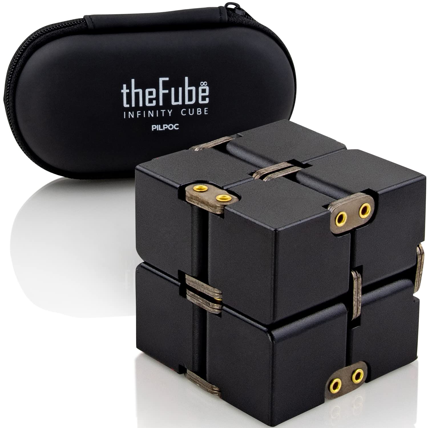 PILPOC theFube Infinity Cube Fidget Desk Toy - Premium Quality Aluminum Infinite Magic Cube with Exclusive Case, Sturdy, Heavy, Relieve Stress and Anxiety, for ADD, ADHD, OCD (Black)