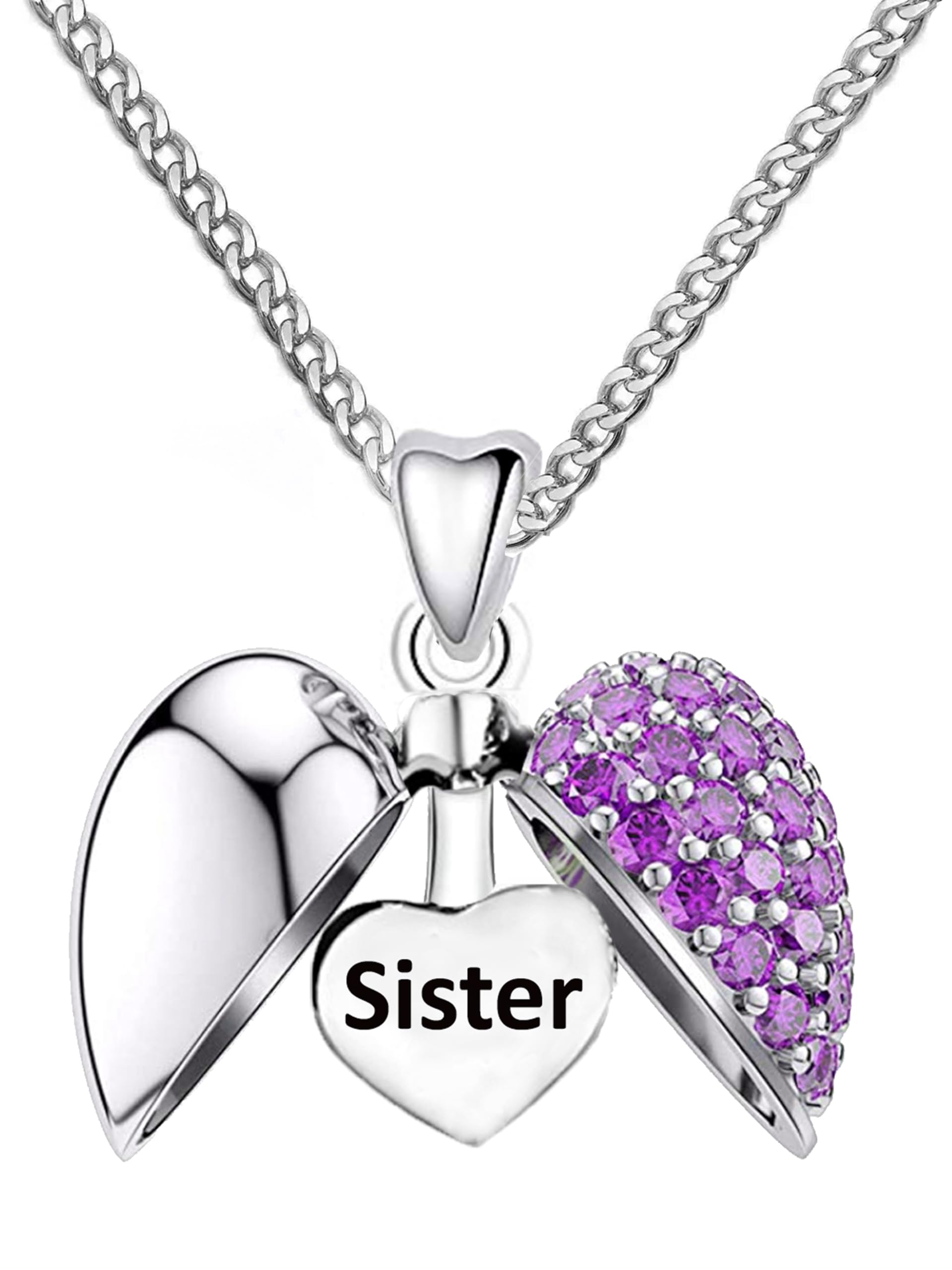 LSDesigns Sister Necklace 925 Sterling Silver Happy Birthday Purple Crystal Heart Charm Pendant & 20" Chain Birthday Women Her Sis - Gift Box