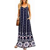 Supnier Women's Summer Maxi Dress Casual V-Neck Sleeveless Bohemian Spaghetti Strap Floral Long Maxi Dress with Pockets