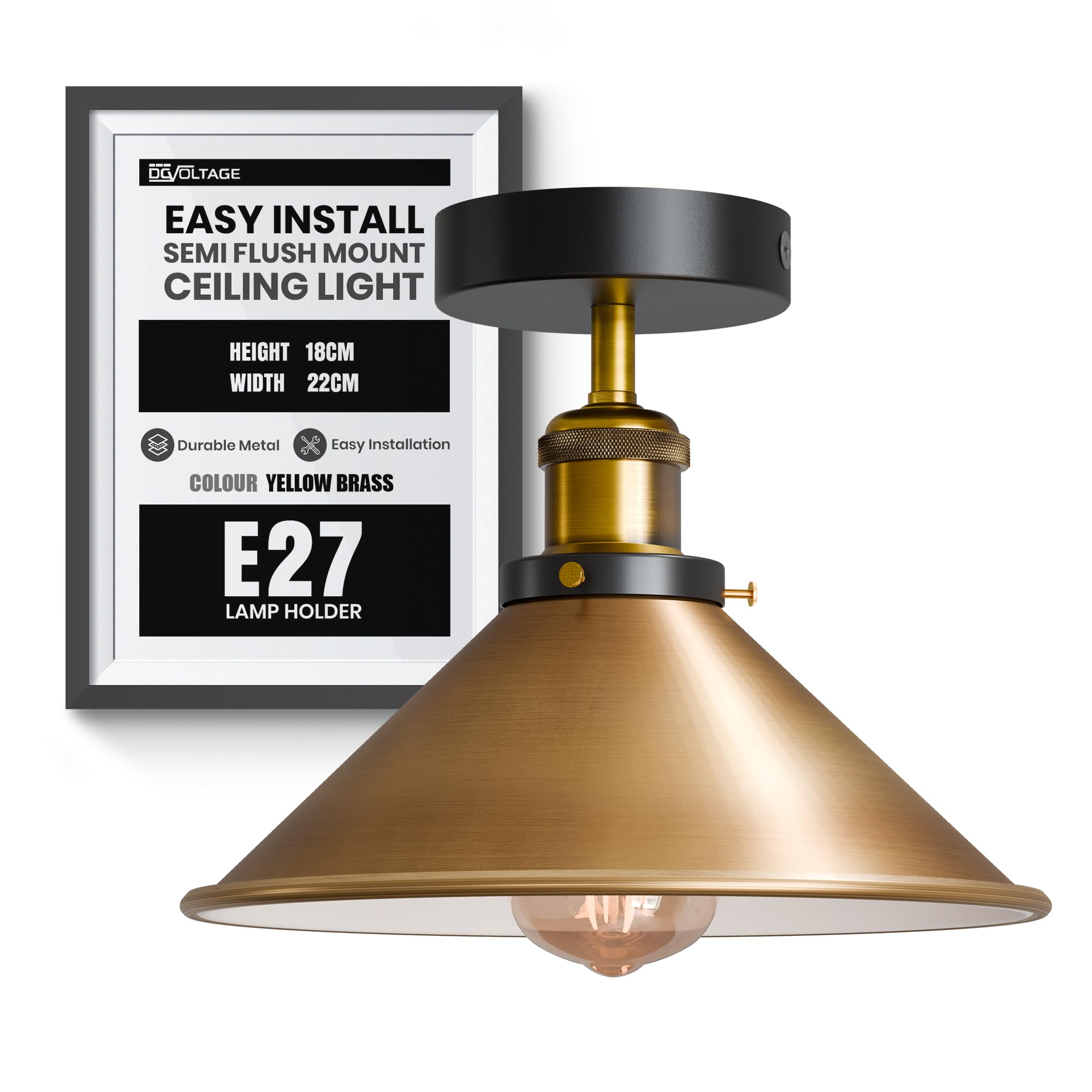 DC VOLTAGE Vintage E27 Flush Light Fitting Ceiling 22cm Yellow Brass Cone Lampshade Easy Fit Metal Semi Flush Mount Ceiling Light for Living Room Bedroom Kitchen Dining Room Hallway with Bulb