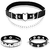 ZAGQIG 3Pcs Leather Choker Necklace for Women Heart Chain Choker Necklace Studded Bracelet Punk Gothic Emo Accessories for Halloween Outfits Cosplay