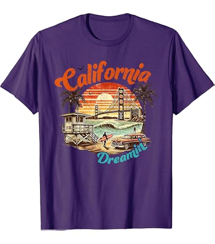 Amazon.com: California CA Retro 70s Vintage Skyline Surf Tee Shirt