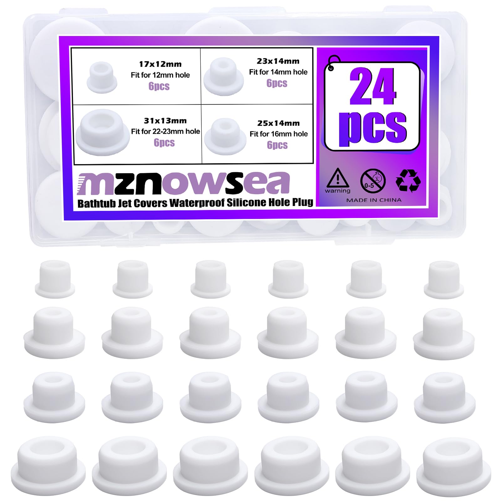 Photo 1 of 24 PCS Bathtub Jet Covers 4 Sizes Silicone Hole Plug Fit 12mm 14mm 16mm 22-23mm Bathtub Hole, Round Waterproof Bathtub Plug White Tube Plugs Soft Flexible Reusable End Covers