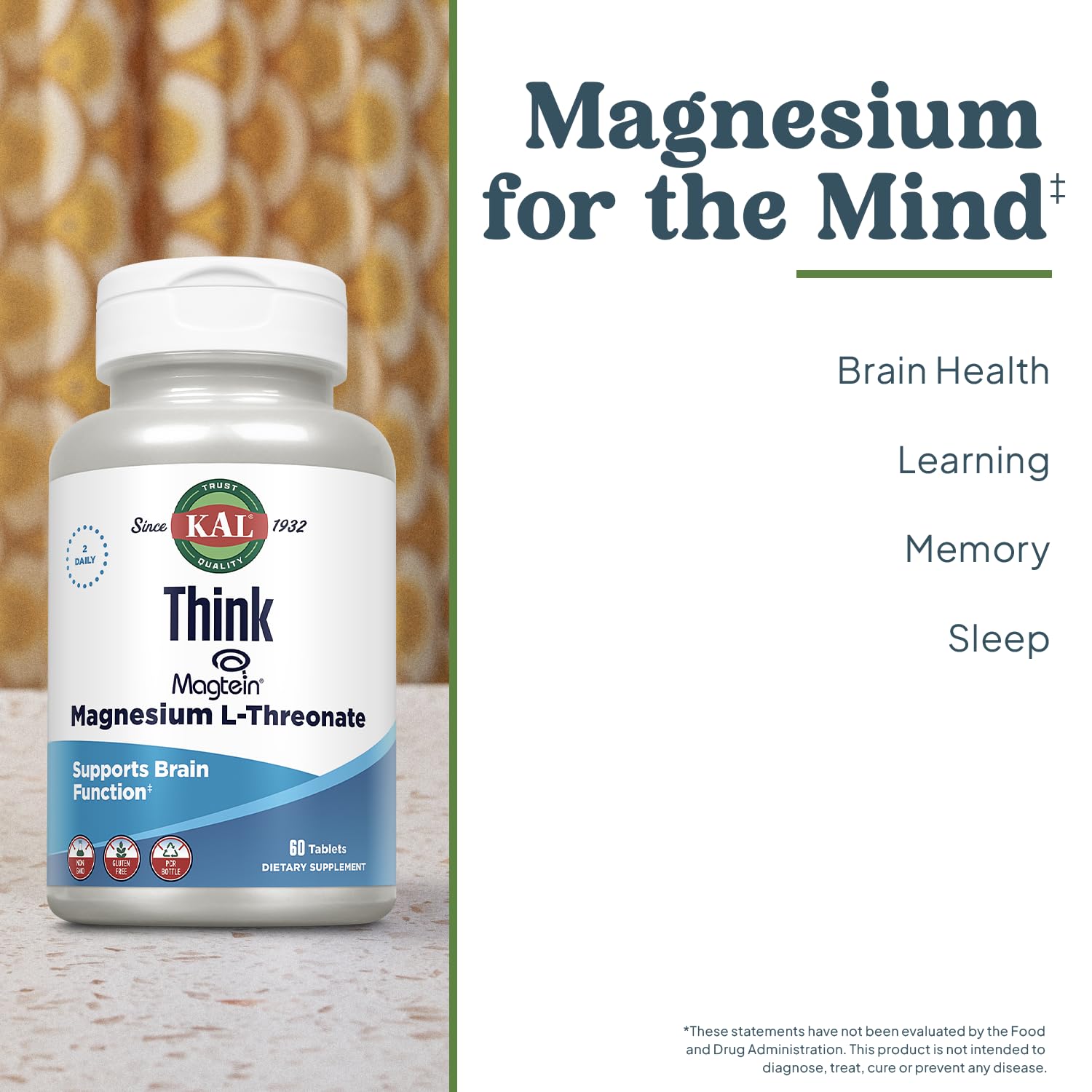 KAL Think Magnesium L-Threonate 2000 mg | Learning, Brain Health & Memory Function Support w/Magtein | Vegan, No Gluten & Non-GMO | 60 Tablets