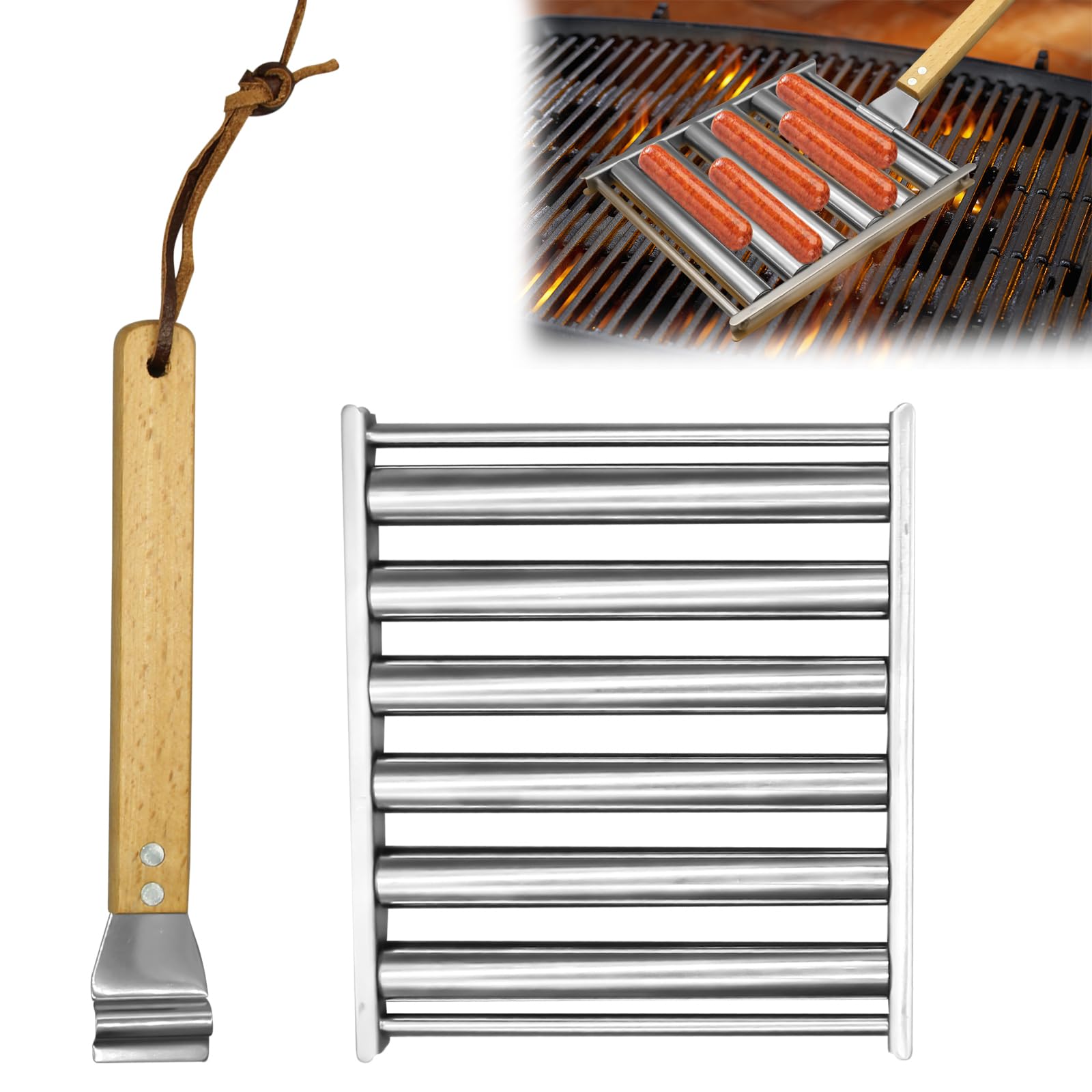 Hot Dog Roller, Stainless Steel Hot Dog Roller Grill Rack of BBQ, Removable Hot Dog Steamer Holder with Additional Long Wooden Handle, 5 Hot Dog Capacity Sausage Grill for Camping Barbecue Accessories