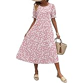 Zeagoo Womens Summer Dress Casual Midi Dresses 2026 Short Puff Sleeve Flare Dress Pleated Flowy Sundress with Pockets