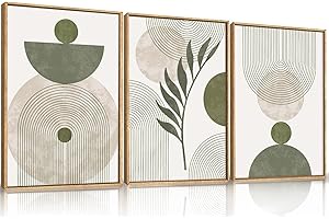 Ausril Large Sage Green Boho Wall Art,Botanical Framed Canvas Wall Art Set,Abstract Minimalist Beige and Green Wall Decor,Mod