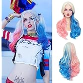 YBYMCAI Pink and Blue Wig Cosplay Wig Long Wavy Wigs for Women Middle Part Wig 26 inch Natural Curly Synthetic Heat Resistant Fiber Wigs for Cosplay Halloween Costume Party Use